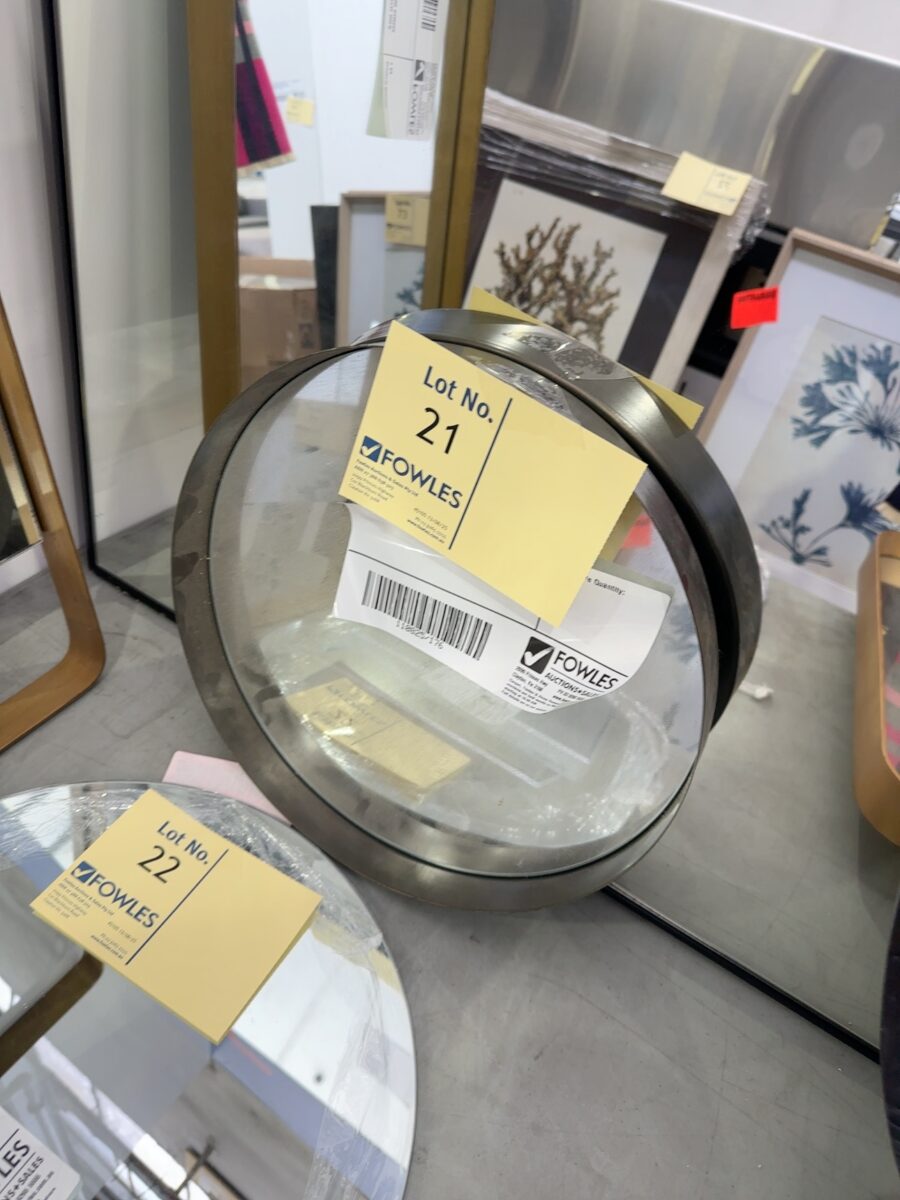 EX STAGING - SMALL ROUND BLACK FRAMED MIRROR SOLD AS IS, SOME DAMAGE
