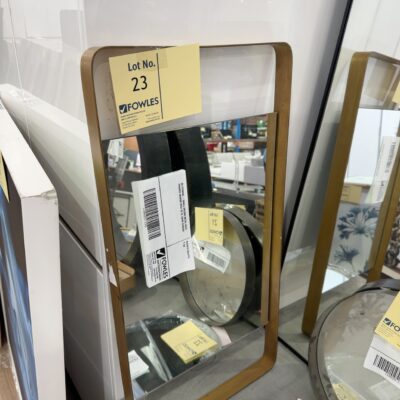 EX STAGING - SMALL OBLONG METAL GOLD FRAMED MIRROR SOLD AS IS, SOME DAMAGE