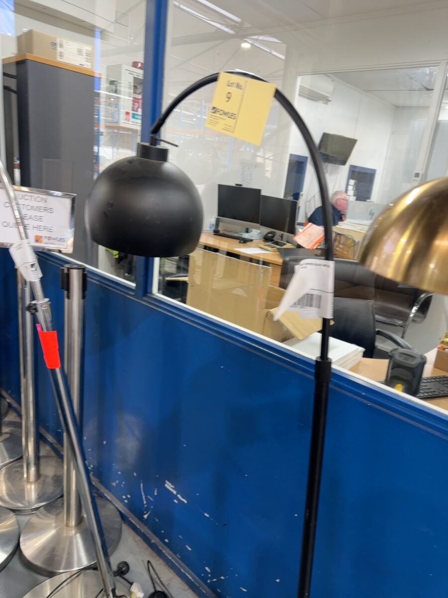 EX STAGING - LARGE CURVED BLACK METAL FLOOR LAMP, SOLD AS IS