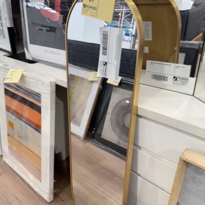 EX STAGING - LARGE OBLONG METAL GOLD FRAMED MIRROR SOLD AS IS, SOME DAMAGE