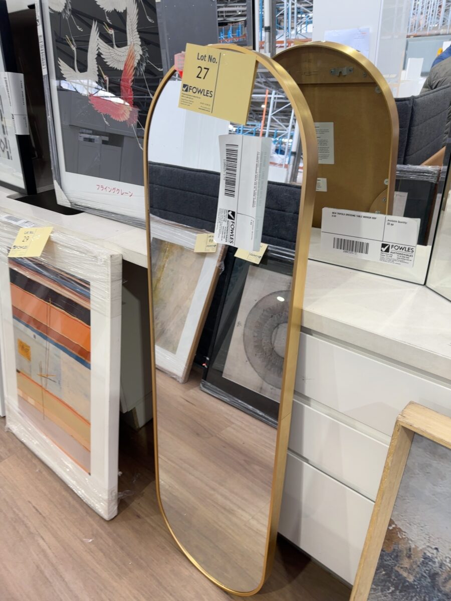 EX STAGING - LARGE OBLONG METAL GOLD FRAMED MIRROR SOLD AS IS, SOME DAMAGE