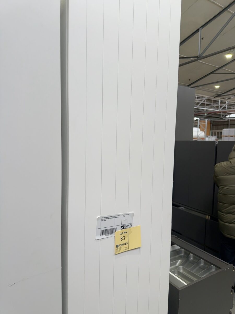 NEW 2400MM X 600MM MATTE WHITE PANTRY WITH PULL OUT MECHANISM AND BASKETS, SOLD AS IS