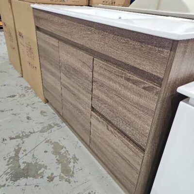 NEW 1200MM OAK LAMINATE FLOOR VANITY WITH WHITE CERAMIC TOP, SY05-1200RA2-SD & UV31-1200H