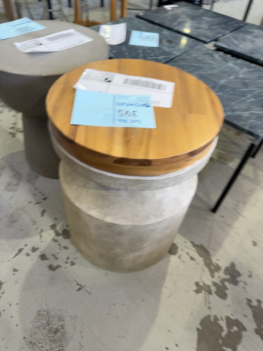 EX STAGING - CONCRETE & TIMBER ROUND SIDE TABLE SOLD AS IS