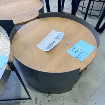 EX STAGING - ROUND TIMBER & METAL COFFEE TABLE SOLD AS IS