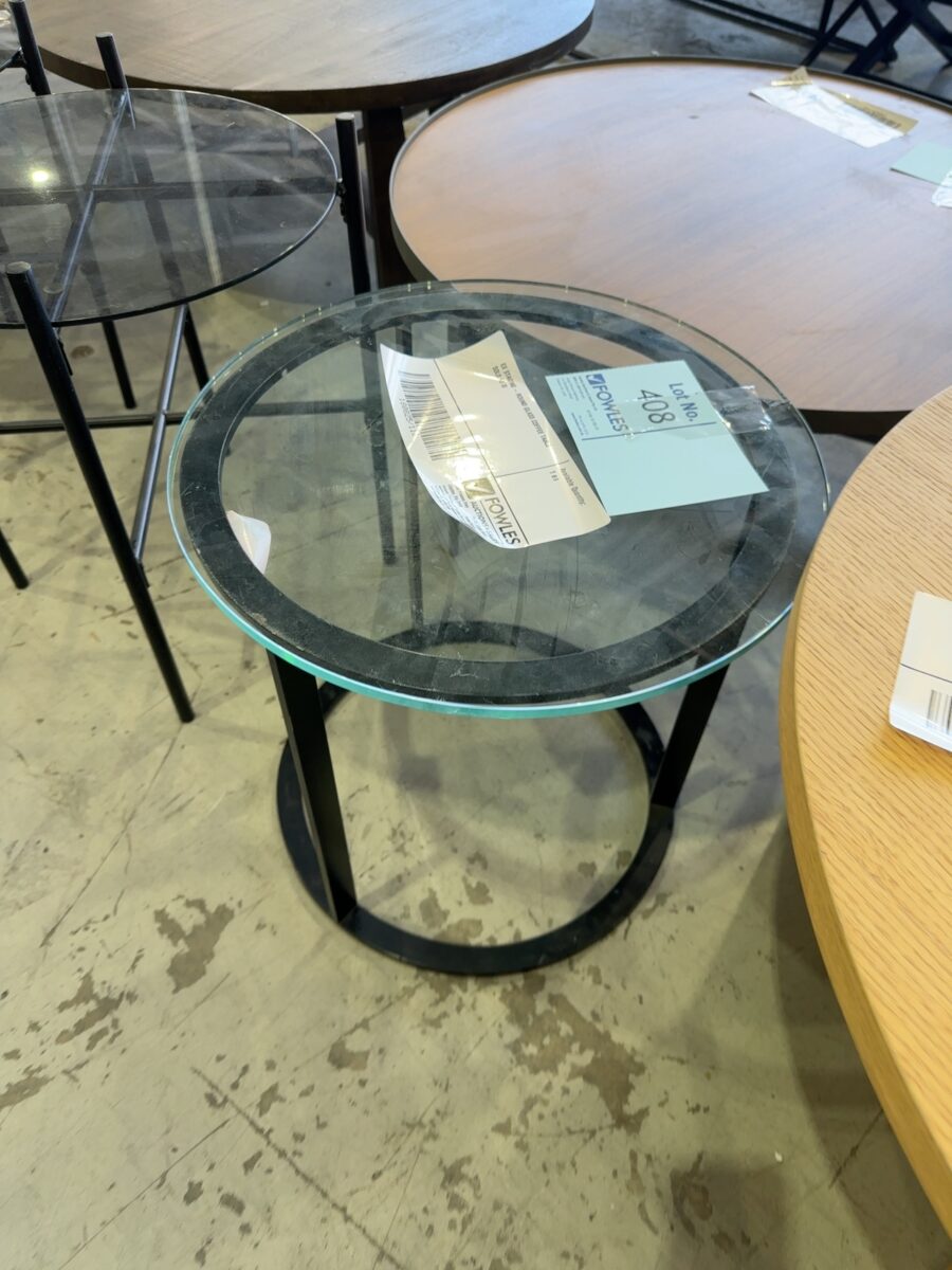 EX STAGING - ROUND GLASS COFFEE TABLE SOLD AS IS