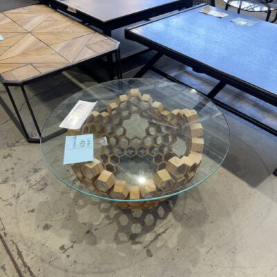 EX STAGING - TIMBER HONEYCOMB & GLASS COFFEE TABLE SOLD AS IS