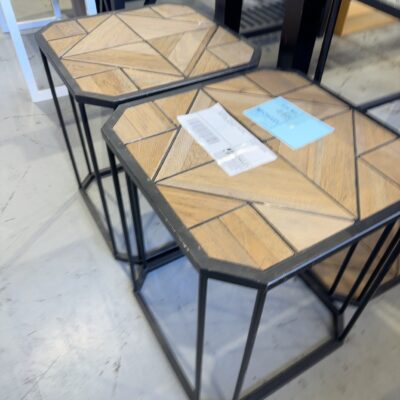 EX STAGING - TIMBER SIDE TABLE WITH METAL FRAME, SOLD AS IS