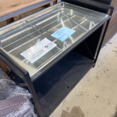 EX STAGING - BLACK METAL & GLASS DRINKS CABINET, SOLD AS IS
