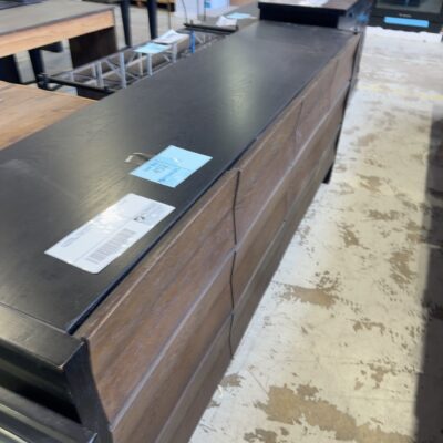 EX STAGING - BLACK BUFFET WITH CURVED TIMBER DOORS, SOLD AS IS
