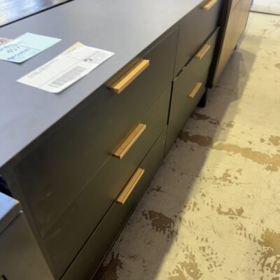 EX STAGING - BLACK TIMBER BUFFET WITH GOLD HANDLES, SOLD AS IS