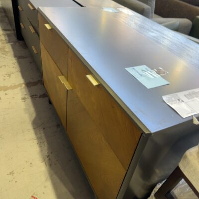 EX STAGING - GREY TIMBER BUFFET WITH GOLD HANDLES, SOLD AS IS