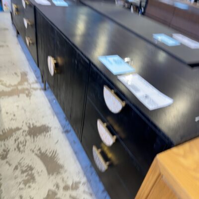 EX STAGING - DARK TIMBER BUFFET WITH DECORATIVE HANDLES, SOLD AS IS
