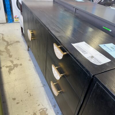 EX STAGING - DARK TIMBER BUFFET WITH DECORATIVE HANDLES, SOLD AS IS