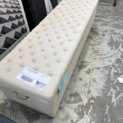 EX STAGING - BEIGE BUTTON END OF BED STORAGE OTTOMAN, LID, SOLD AS IS