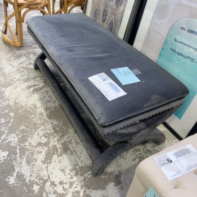 EX STAGING - GREY VELVET OTTOMAN WITH STUD DETAIL, SOLD AS IS