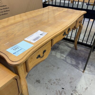 EX STAGING - 1500MM OAK DESK, ORNATE HANDLES, CURVED LEGS SOLD AS IS