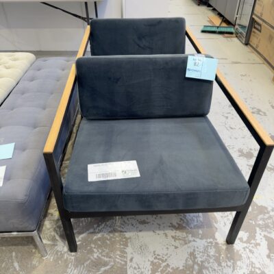 EX STAGING - GREY CHAIR, METAL FRAME, TIMBER ARMS, SOLD AS IS