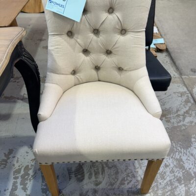EX STAGING - BEIGE LINEN DINING CHAIR, STUD DETAIL SOLD AS IS