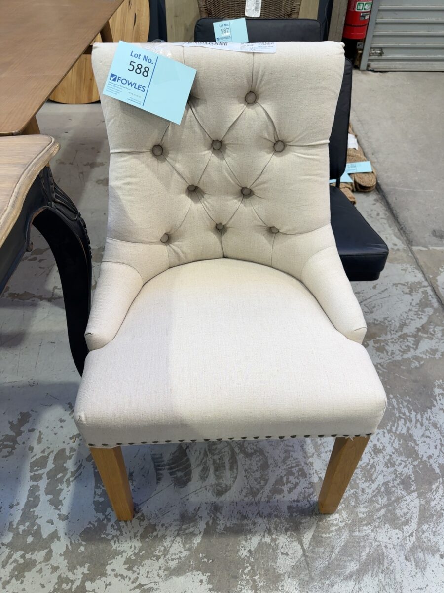 EX STAGING - BEIGE LINEN DINING CHAIR, STUD DETAIL SOLD AS IS
