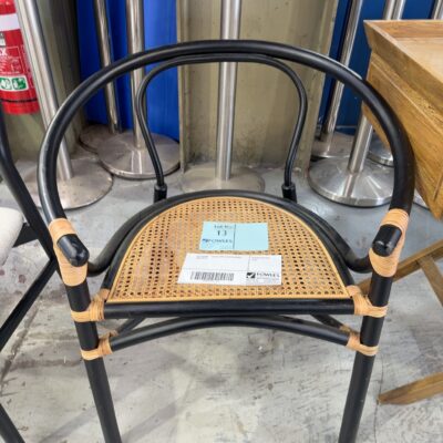 EX STAGING - BLACK CANE & RATTAN CHAIR, SOLD AS IS