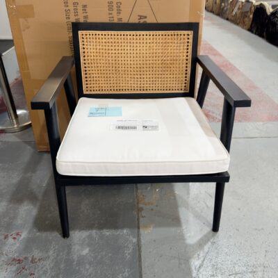 EX STAGING - BLACK TIMBER & RATTAN CHAIR, SOLD AS IS