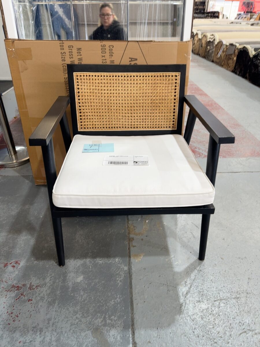 EX STAGING - BLACK TIMBER & RATTAN CHAIR, SOLD AS IS