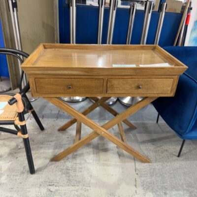 EX STAGING - OAK CROSS LEG TABLE, TRAY TOP DESIGN WITH DRAWERS SOLD AS IS