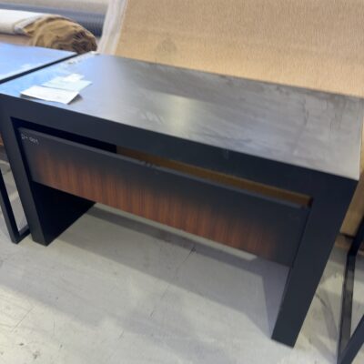 EX STAGING - 1200MM BLACK TIMBER DESK, SOLD AS IS