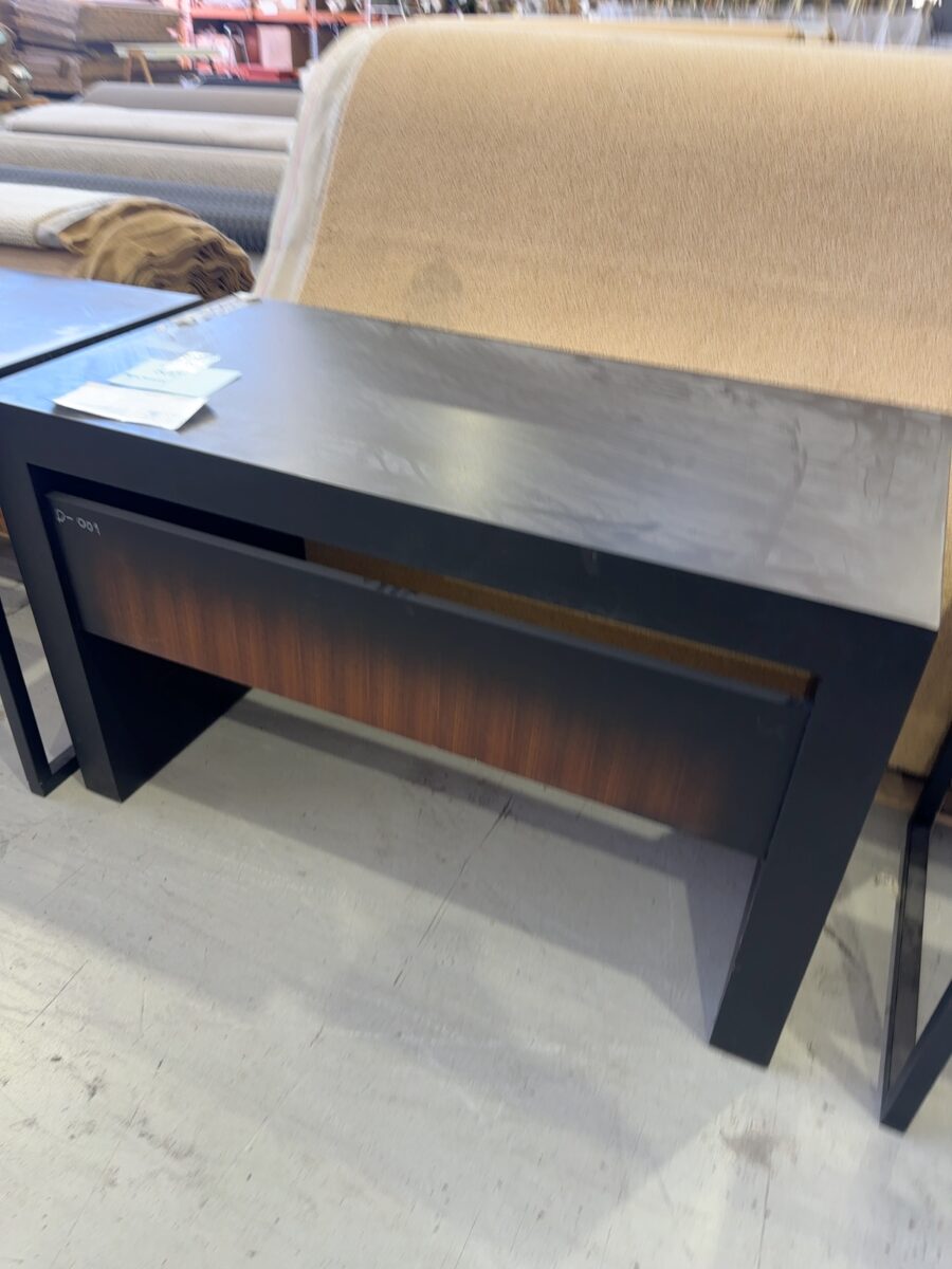EX STAGING - 1200MM BLACK TIMBER DESK, SOLD AS IS