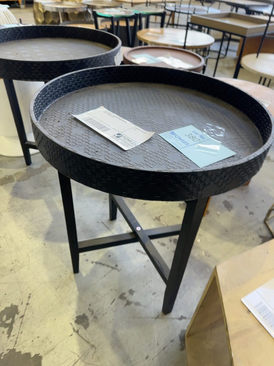 EX STAGING - WOVEN CROSS LEG SIDE TABLE, SOLD AS IS