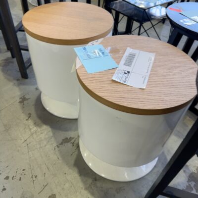 EX STAGING - WHITE SIDE TABLE WITH WOOD TOP, SOLD AS IS