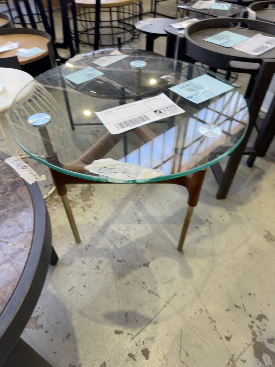 EX STAGING - ROUND GLASS SIDE TABLE, SOLD AS IS