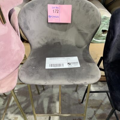 EX HIRE GREY VELVET BAR STOOLS WITH GOLD FRAME, SOLD AS IS