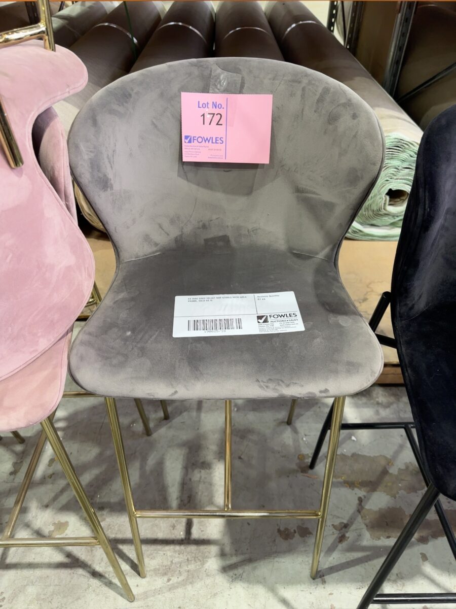 EX HIRE GREY VELVET BAR STOOLS WITH GOLD FRAME, SOLD AS IS