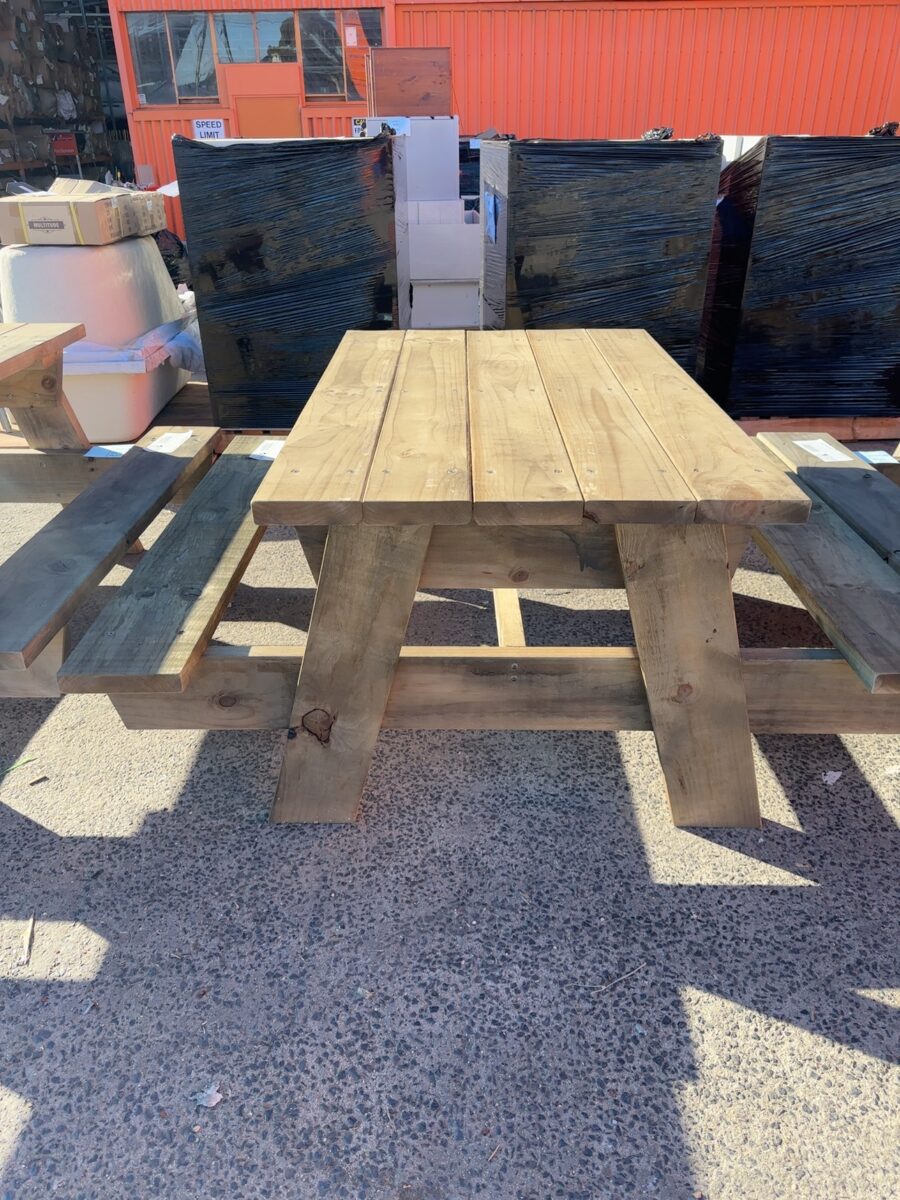 NEW PINE PICNIC TABLE SETTING, STAINED JAPAN BLACK 1500MM X 950MM