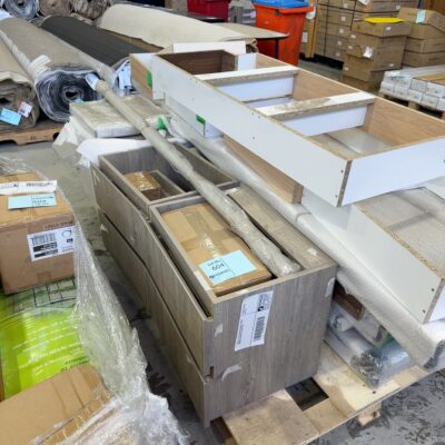SMALL PALLET OF KITCHEN CABINETS, VANITY CABINETS, KICKERS ETC SOLD AS IS