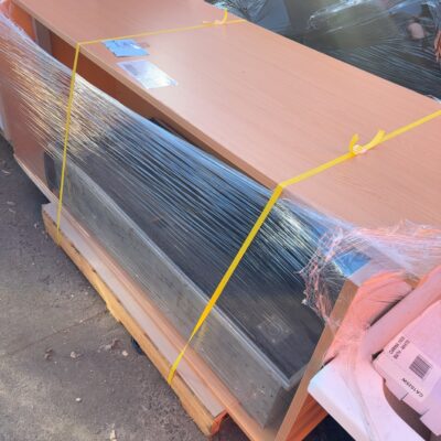 PALLET WITH USED OFFICE DESK & METAL STORAGE CABINET SOLD AS IS