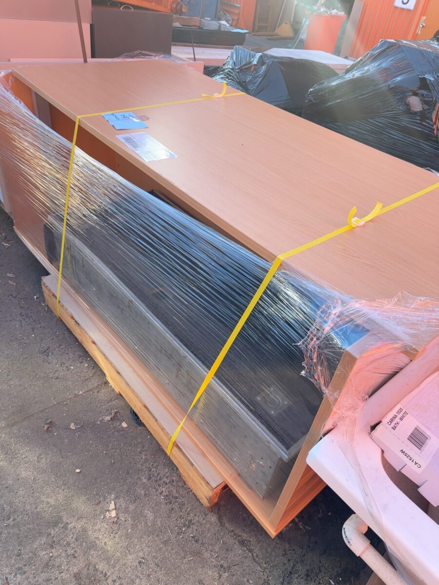 PALLET WITH USED OFFICE DESK & METAL STORAGE CABINET SOLD AS IS