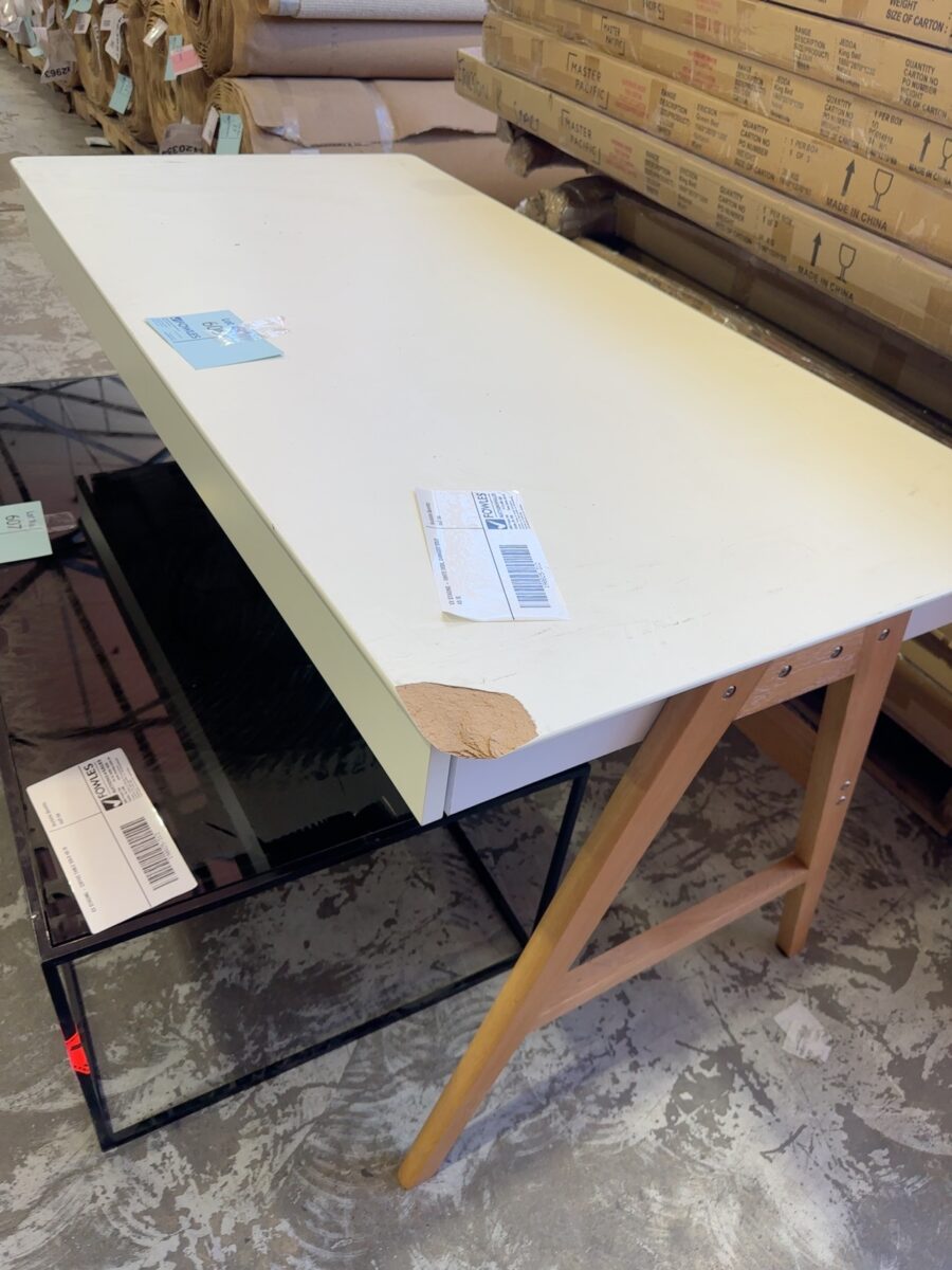 EX STAGING - WHITE DESK, DAMAGED SOLD AS IS