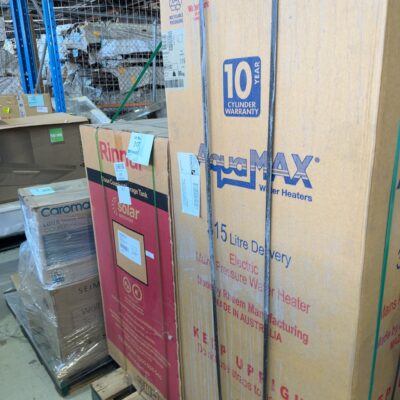 PALLET WITH RINNAI SUNMASTER 200 LITRE TANK & AQUAMAX ELECTRIC HOT WATER 991315G7 MODEL, 315 LITRE, SOLD AS IS NO WARRANTY