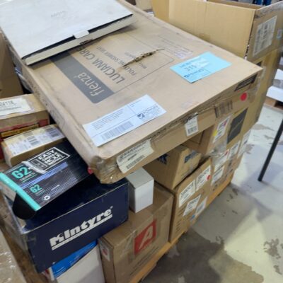 PALLET WITH ASSORTED DESIGNER TAPWARE AND BATHROOM ACCESSORIES, ALSO WALL MOUNTED SHOWER SEAT, GAINSBOROUGH DOOR HANDLES ETC SOLD AS IS NO WARRANTY