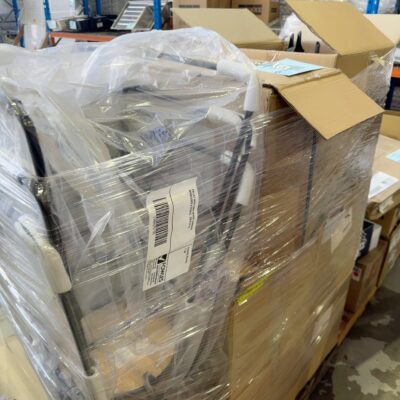 PALLET WITH USED OFFICE LAMINATE BOOKCASES & STOOLS, SOLD AS IS