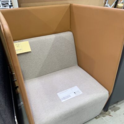 EX HIRE EVENT PRIVACY CHAIR, CARAMEL PU AND CREAM MATERIAL, SOLD AS IS