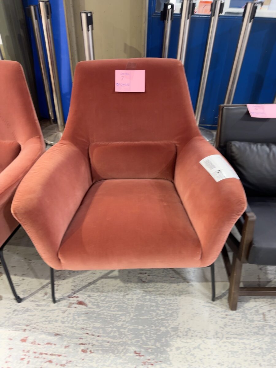 EX STAGING - RUST VELVET ARMCHAIR SOLD AS IS