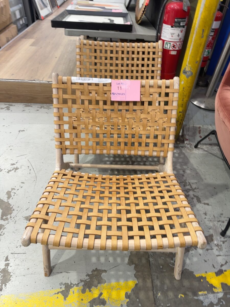 EX STAGING - TAN LEATHER WOVEN CHAIR SOLD AS IS