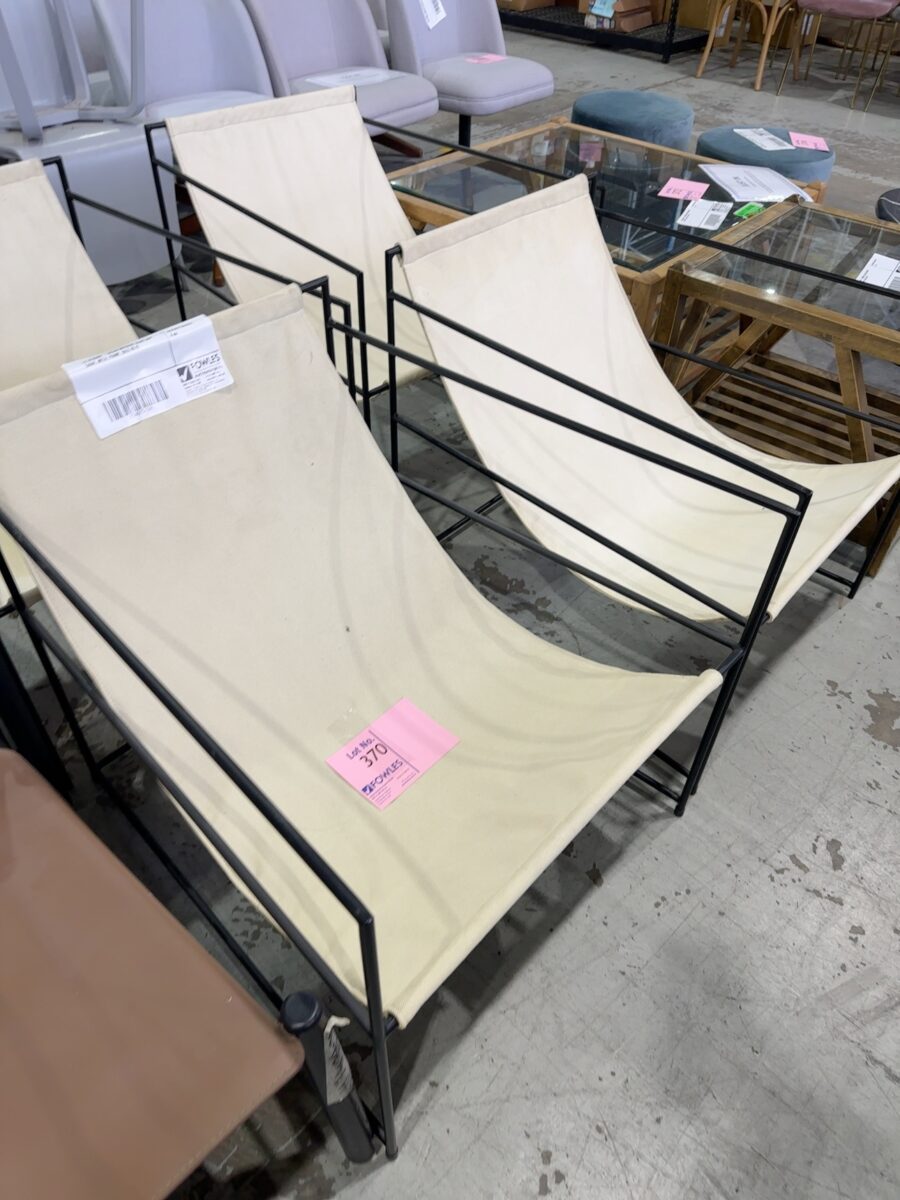 EX STAGING - CREAM MATERIAL SLING LOW CHAIR, METAL FRAME, SOLD AS IS