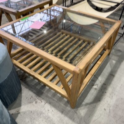 EX STAGING - TIMBER & GLASS SQUARE COFFEE TABLE, SOLD AS IS