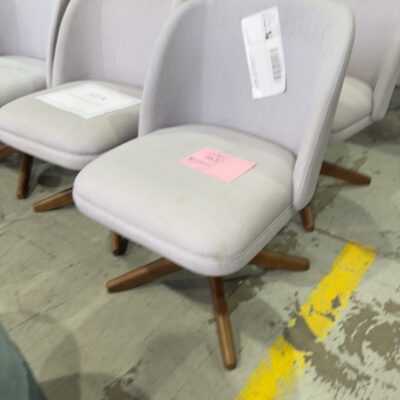 EX STAGING - LIGHT GREY DINING CHAIR WITH TIMBER PEDESTAL, SOLD AS IS