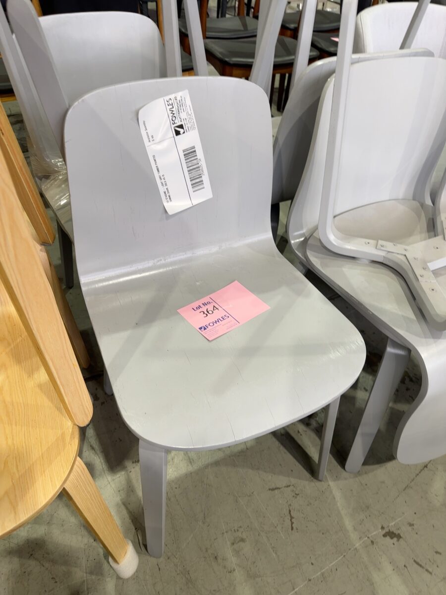 EX STAGING - LIGHT GREY TIMBER PAINTED DINING CHAIR, SOLD AS IS